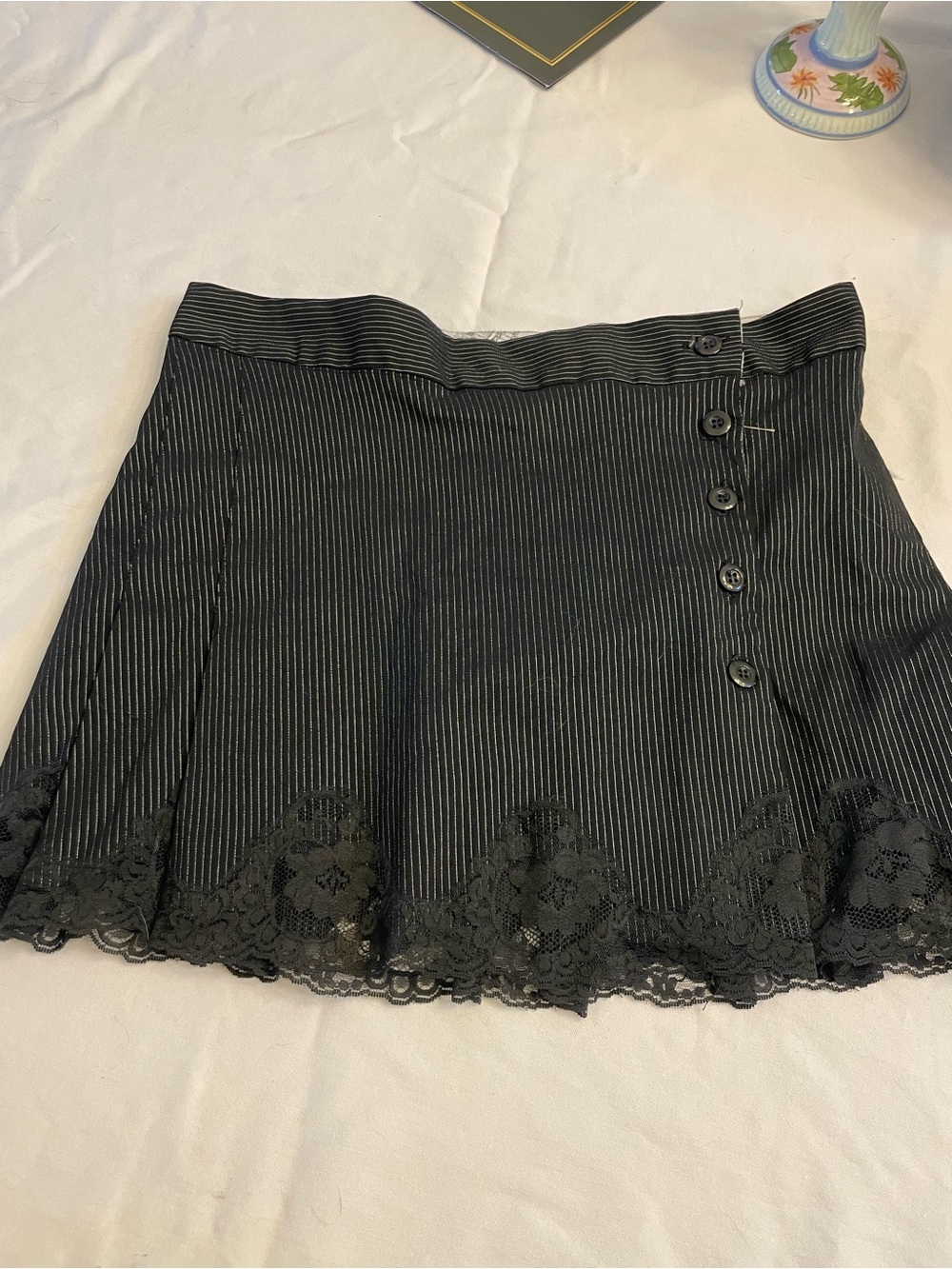Black Pinstripe Lace-Hem Mini Skirt - Women's